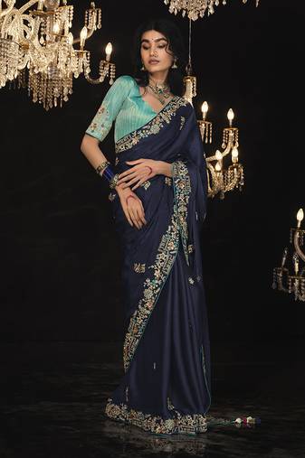 Stunning Navy Blue Colour Tissue Silk Partywear Sarees 2024