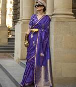 Violet Blue Colour Satin Handloom Silk Festival Saree