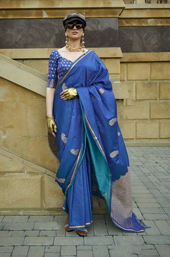 Dark Blue Colour Satin Handloom Silk Blend Festival Saree