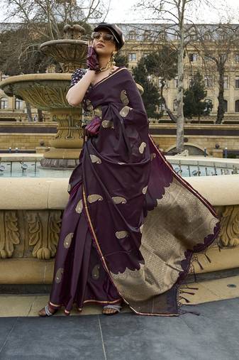 Dark Wine Colour Satin Handloom Silk Blend Festival Saree