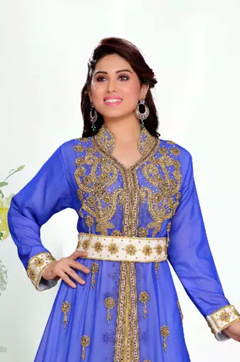 Royal-Blue color Handmade Moroccan Kaftan with hijjab