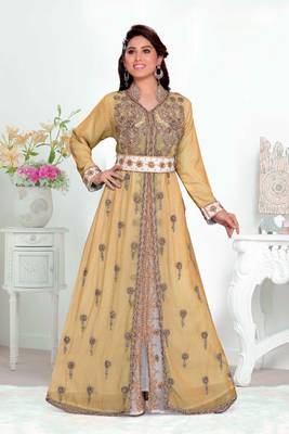 Beige color Handmade Moroccan Kaftan with hijjab 1