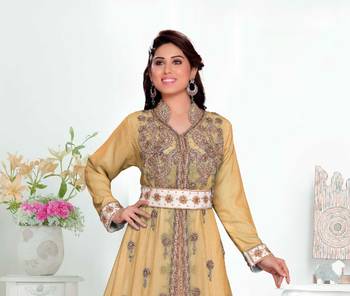 Beige color Handmade Moroccan Kaftan with hijjab 2