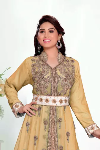 Beige color Handmade Moroccan Kaftan with hijjab