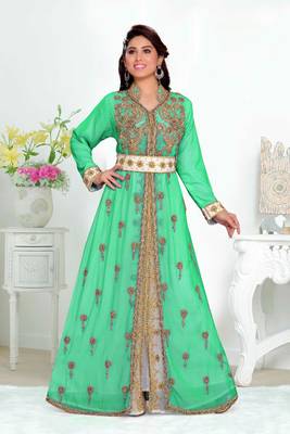 Sea-Green color Handmade Moroccan Kaftan with hijjab 1