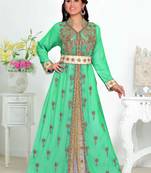 Sea-Green color luxurious Handmade Moroccan Kaftan with hijjab