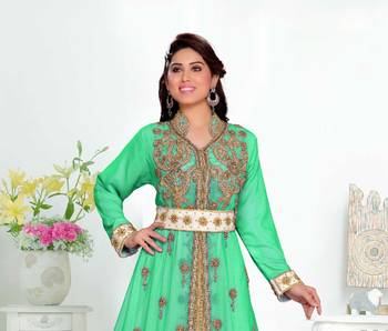 Sea-Green color Handmade Moroccan Kaftan with hijjab 2
