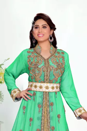 Sea-Green color Handmade Moroccan Kaftan with hijjab