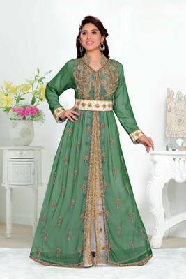 Dark-Green color Handmade Moroccan Kaftan with hijjab 1
