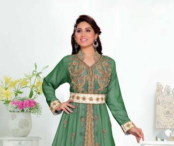 Dark-Green color Handmade Moroccan Kaftan with hijjab 2