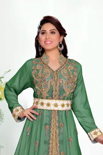 Dark-Green color Handmade Moroccan Kaftan with hijjab