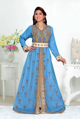 Cyan color Handmade Moroccan Kaftan with hijjab 1
