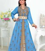 Cyan color luxurious Handmade Moroccan Kaftan with hijjab