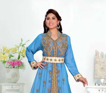 Cyan color Handmade Moroccan Kaftan with hijjab 2
