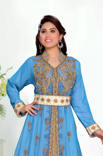 Cyan color Handmade Moroccan Kaftan with hijjab