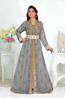 Grey color Handmade Moroccan Kaftan with hijjab 1