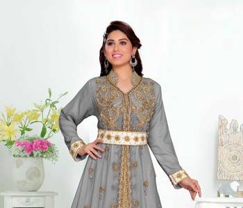 Grey color Handmade Moroccan Kaftan with hijjab 2