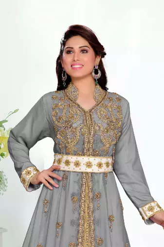 Grey color Handmade Moroccan Kaftan with hijjab