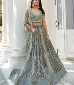 Dusty Green Soft Net Embroidered Lehenga Choli With Dupatta 