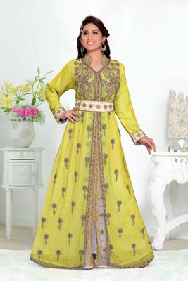 Yellow color Handmade Moroccan Kaftan with hijjab 1
