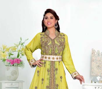Yellow color Handmade Moroccan Kaftan with hijjab 2