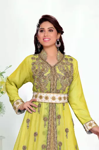 Yellow color Handmade Moroccan Kaftan with hijjab