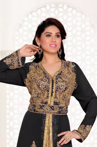 Black color Full Sleeves Handmade Moroccan Kaftan with hijjab