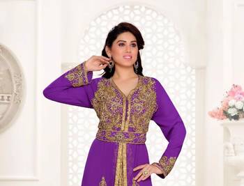 Purple color Full Sleeves Handmade Moroccan Kaftan with hijjab 2