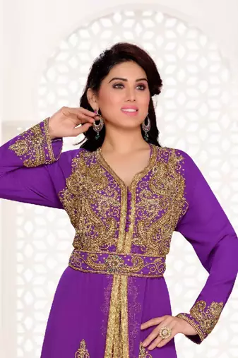 Purple color Full Sleeves Handmade Moroccan Kaftan with hijjab