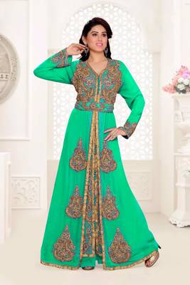 Sea-Green color Full Sleeves Handmade Moroccan Kaftan with hijjab 1