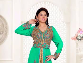 Sea-Green color Full Sleeves Handmade Moroccan Kaftan with hijjab 2