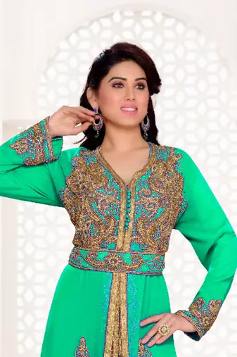 Sea-Green color Full Sleeves Handmade Moroccan Kaftan with hijjab