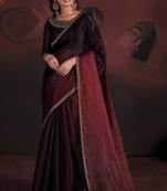 Maroon brown coloured diamond zari resham stone embroidered satin party wear saree with blouse piece