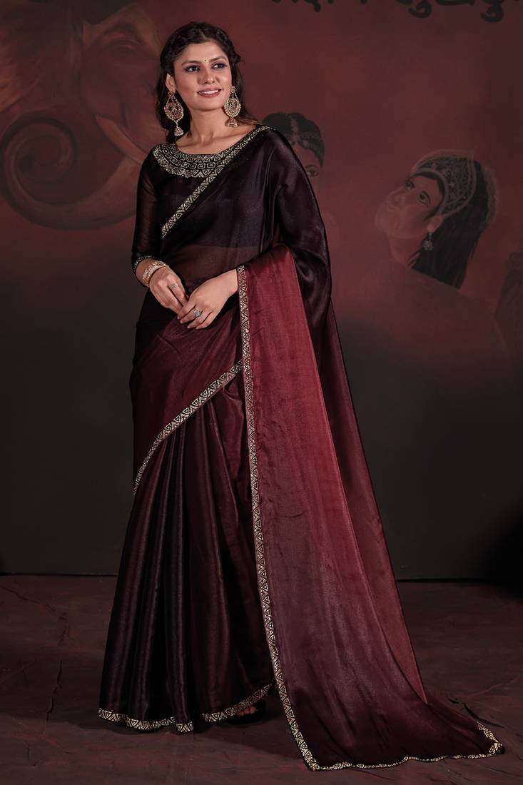 Maroon brown coloured diamond zari resham stone embroidered satin party wear saree with blouse piece