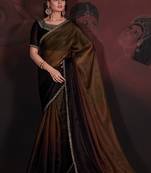 Mustard brown coloured diamond zari resham stone embroidered satin party wear saree with blouse piece