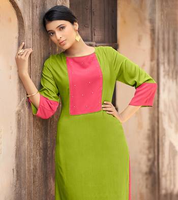Designer rayon olive color with beads & stone yoke solid kurta 2
