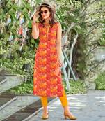 Designer poly georgette orange color straight cut kurti with abstract printed kurti
