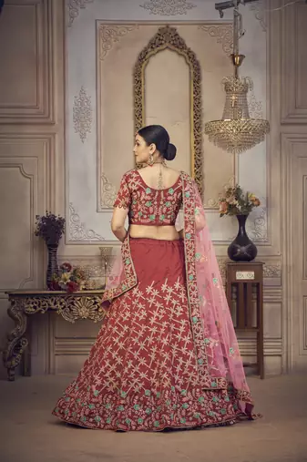 Glamorous Maroon Colour Classy Embroidered Partywear Ethnic Lehenga
