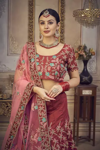 Glamorous Maroon Colour Classy Embroidered Partywear Ethnic Lehenga