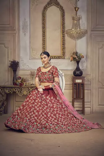 Glamorous Maroon Colour Classy Embroidered Partywear Ethnic Lehenga