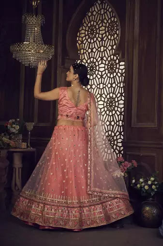 Peach Embroidered Lehenga Choli for Ceremonies