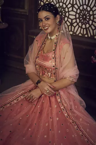 Peach Embroidered Lehenga Choli for Ceremonies