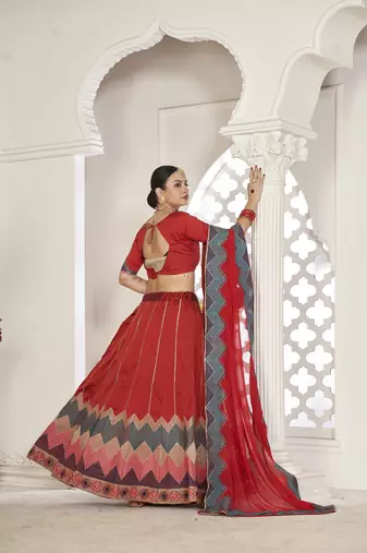 Glamorous Red Colour Classy Embroidered Partywear Ethnic Lehenga