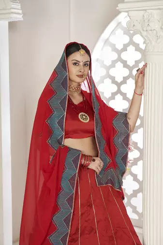 Glamorous Red Colour Classy Embroidered Partywear Ethnic Lehenga