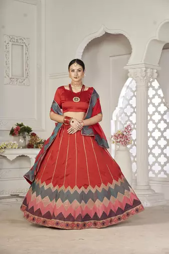 Glamorous Red Colour Classy Embroidered Partywear Ethnic Lehenga