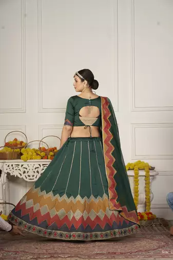 Glamorous Green Colour Classy Embroidered Partywear Ethnic Lehenga