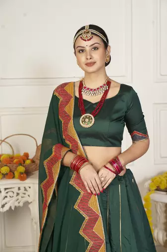 Glamorous Green Colour Classy Embroidered Partywear Ethnic Lehenga