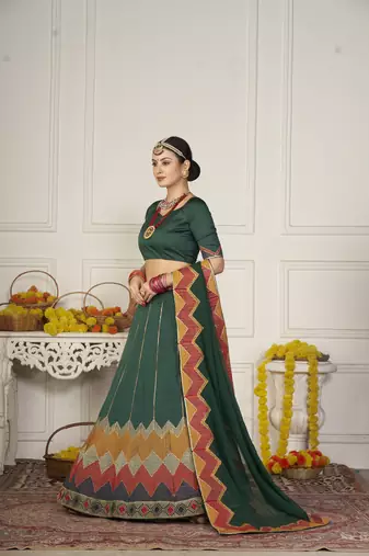 Glamorous Green Colour Classy Embroidered Partywear Ethnic Lehenga