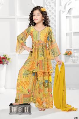 Functionaldesigner lemon mustard digital flower print on georgette shrara suit 1