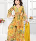 Functionaldesigner lemon mustard digital flower print on georgette shrara suit